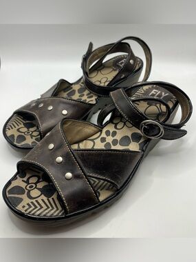 FLY London Strappy Wedge Sandals Womens EU 40 US 9 Brown Leather Studded Floral